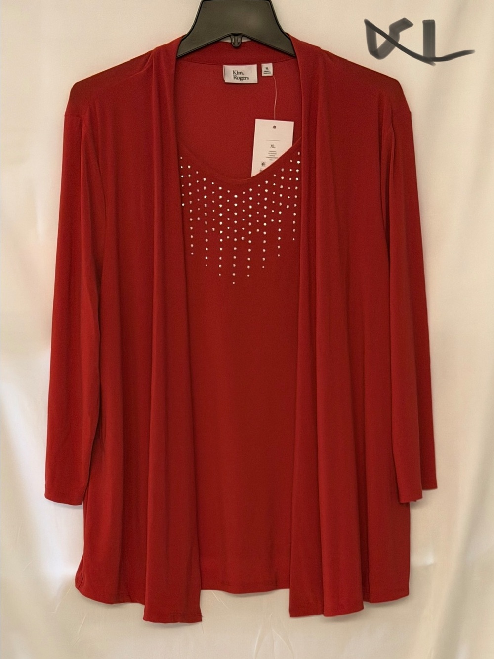 Kim Rogers Ruby Red Open Cardigan with Studded Shell